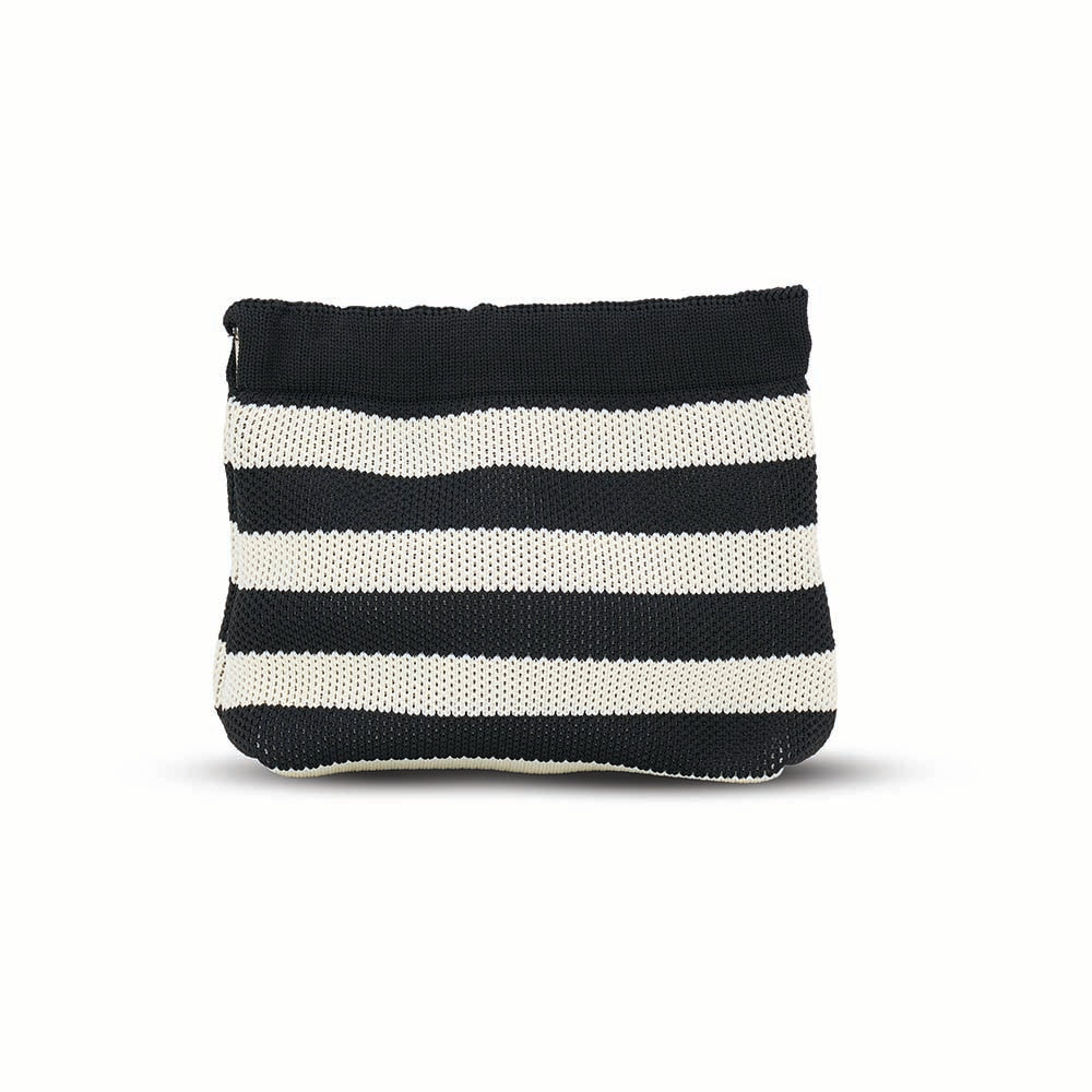 Black and white striped pouch on a white background