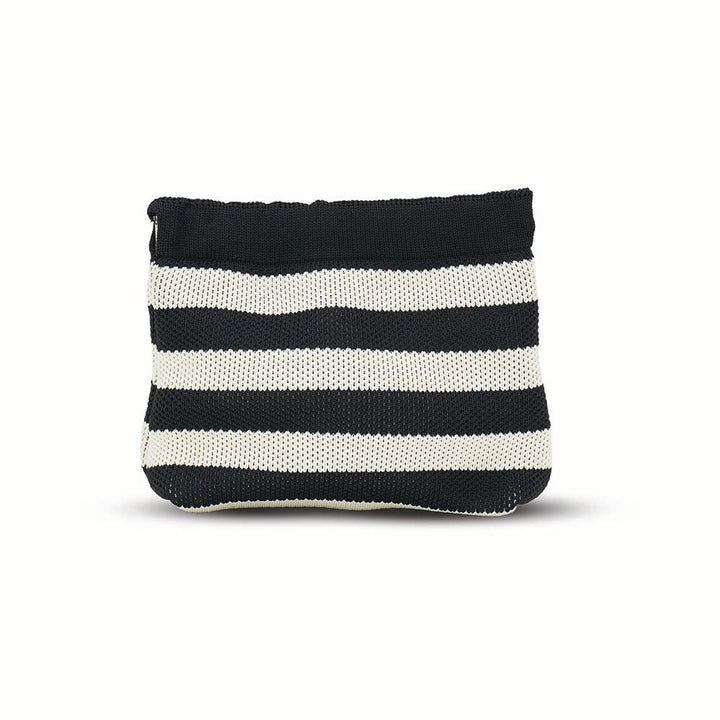 Black and white striped pouch on a white background