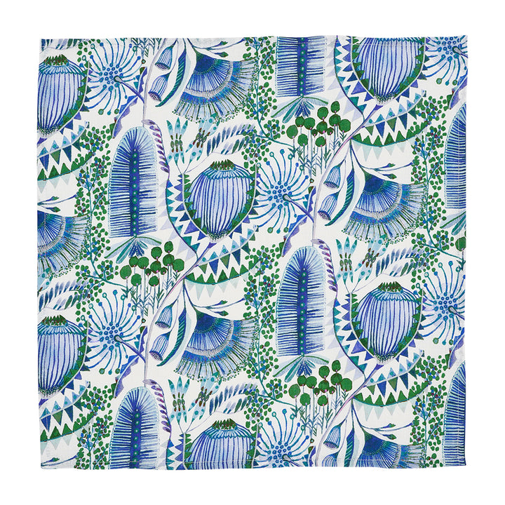 Bush Botanical design linen napkins with blue and green design on a white background