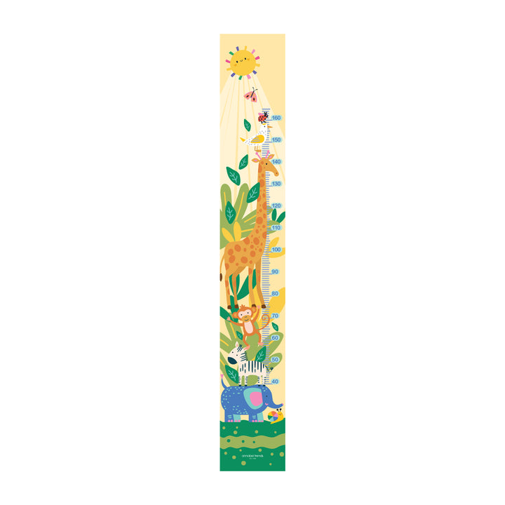 Children's growth chart with a giraffe and jungle animals on a yellow background