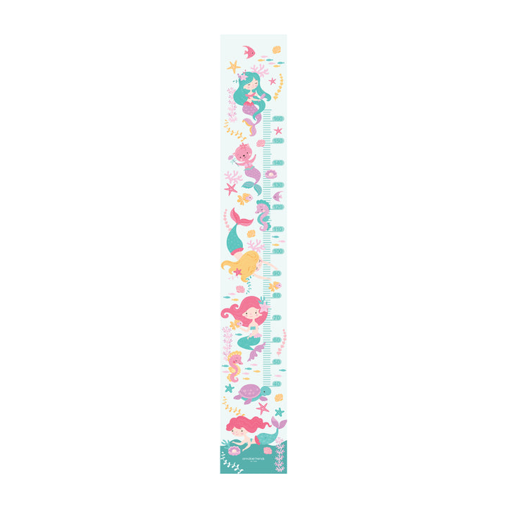 Growth chart with mermaid illustrations on a white background