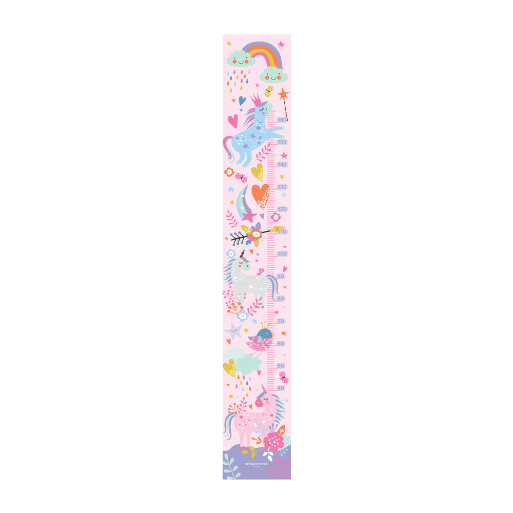 Children's growth chart with unicorn and rainbow design on a pink background