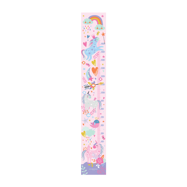 Children's growth chart with unicorn and rainbow design on a pink background