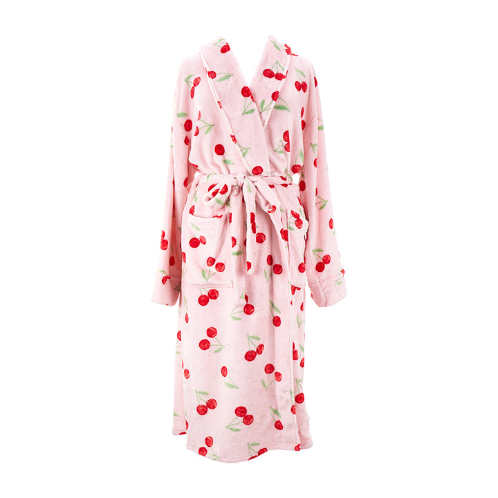 Pink robe with cherry pattern on a white background