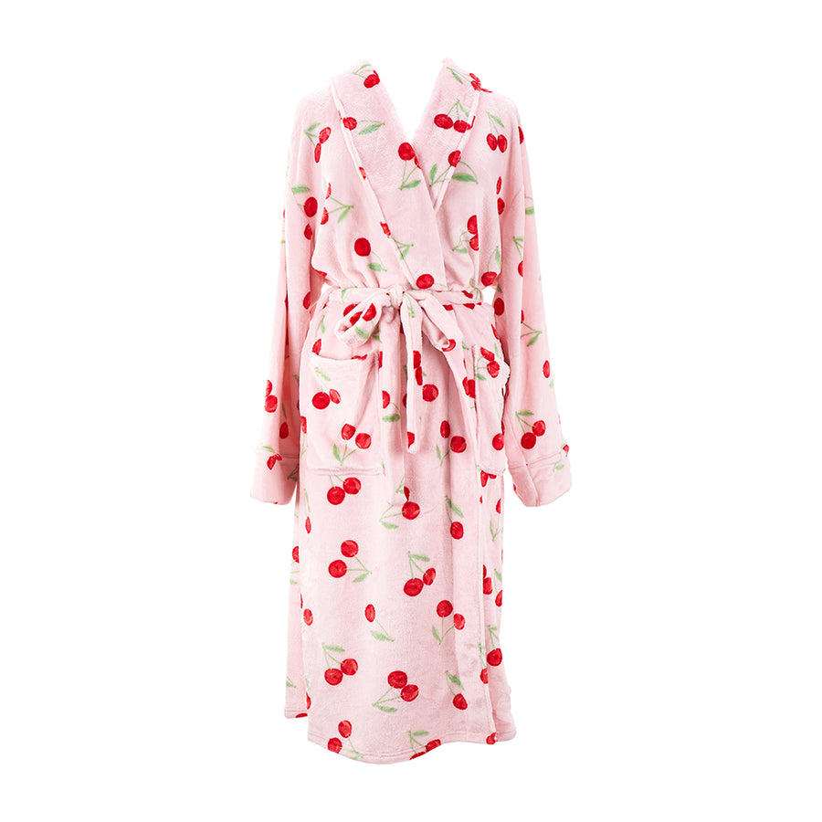 Pink robe with cherry pattern on a white background