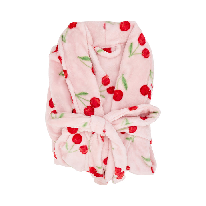 Pink robe with cherry pattern on a white background