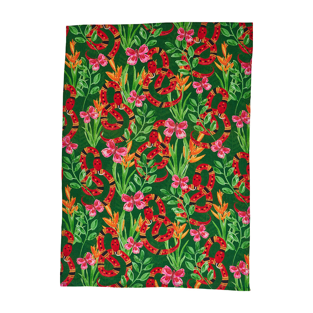 Linen tea towel. jungle snake design