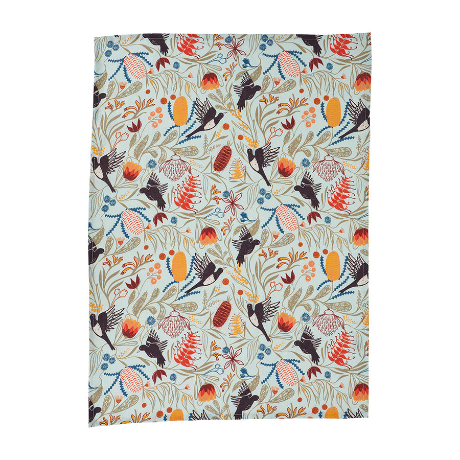 Magpie floral Linen tea towel