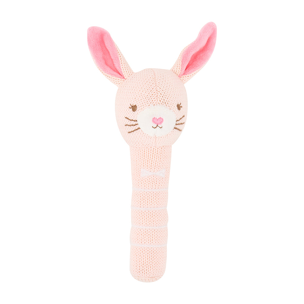 bunny knit rattle on white background