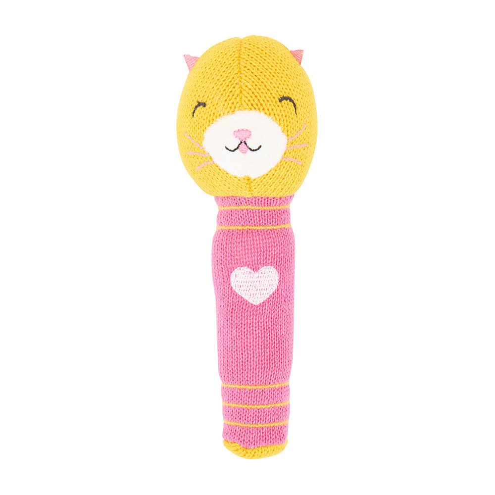 pink and yellow kitty cat knit rattle