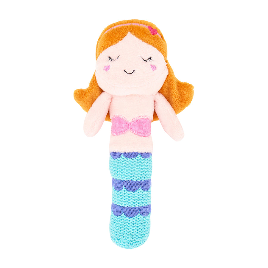 Plush mermaid rattle toy with red hair and a blue tail on a white background