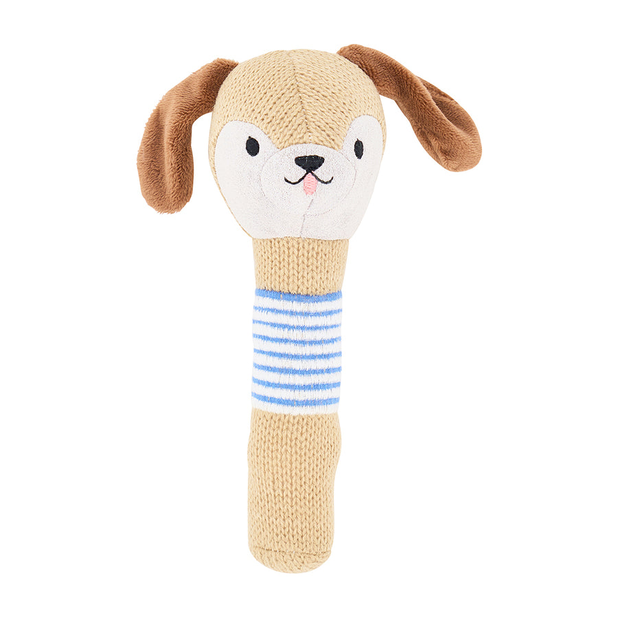 beige and brown puppy knit rattle