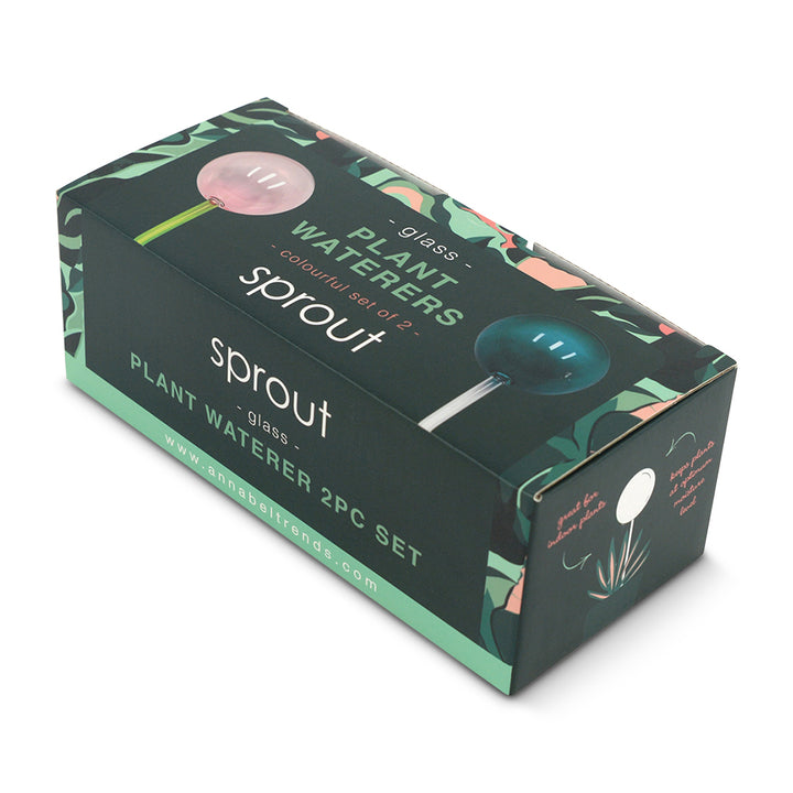 Box of sprout plant waterers with colorful design on a white background