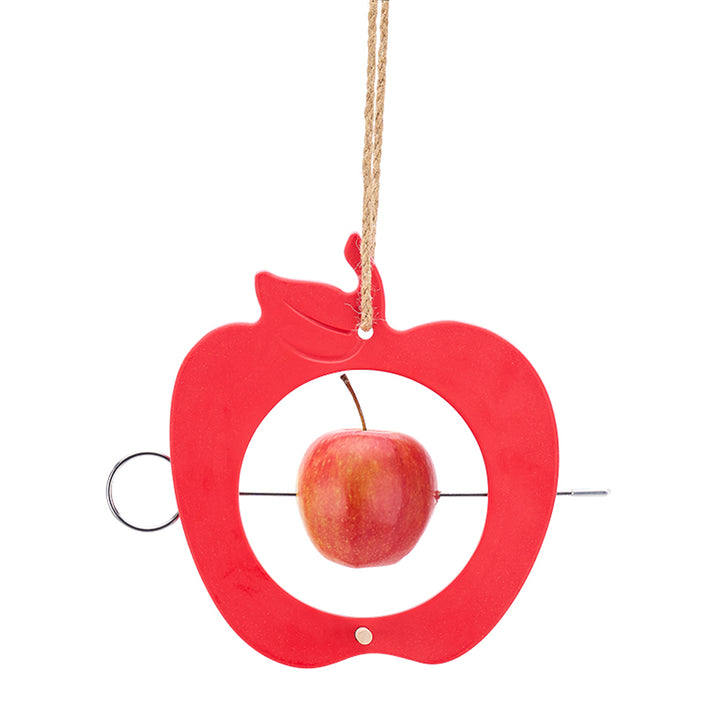 red apple bird feeder with skewer and apple in the centre