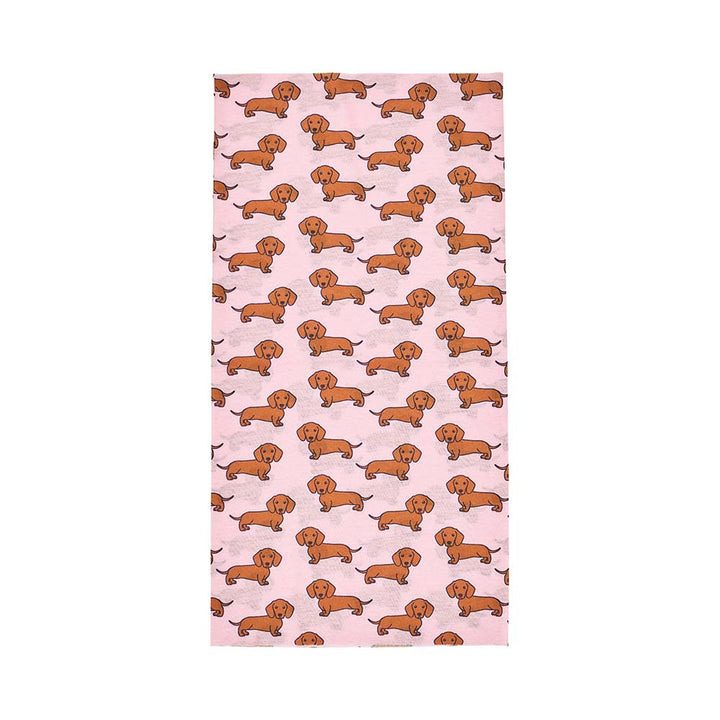 Pink happywrap with dachshund pattern on a white background