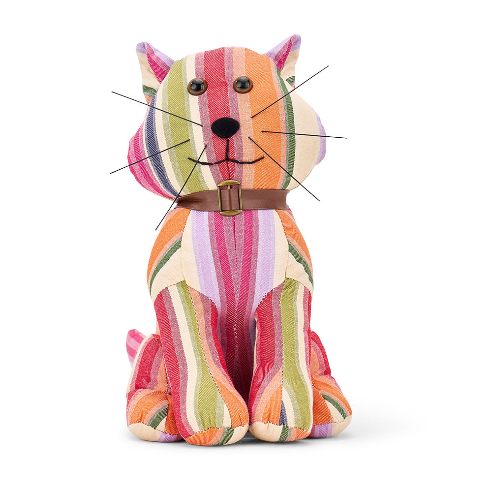 Colourful striped cat-shaped plush doorstop on a white background