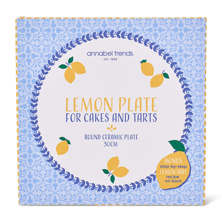 ceramic serving plate for cakes with blue background and three lemons in the centre in its box