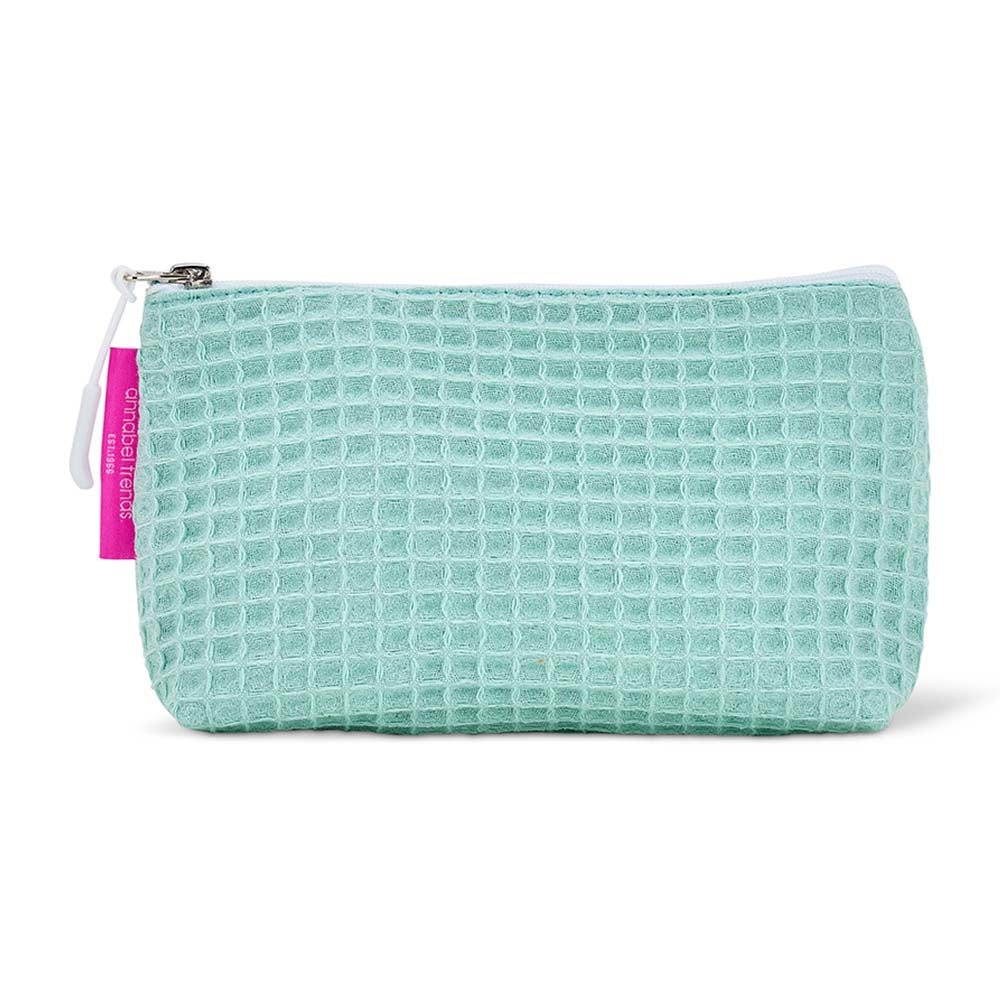 Light blue/mint textured pouch with a pink tag on a white background