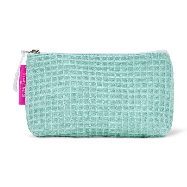 Light blue/mint textured pouch with a pink tag on a white background