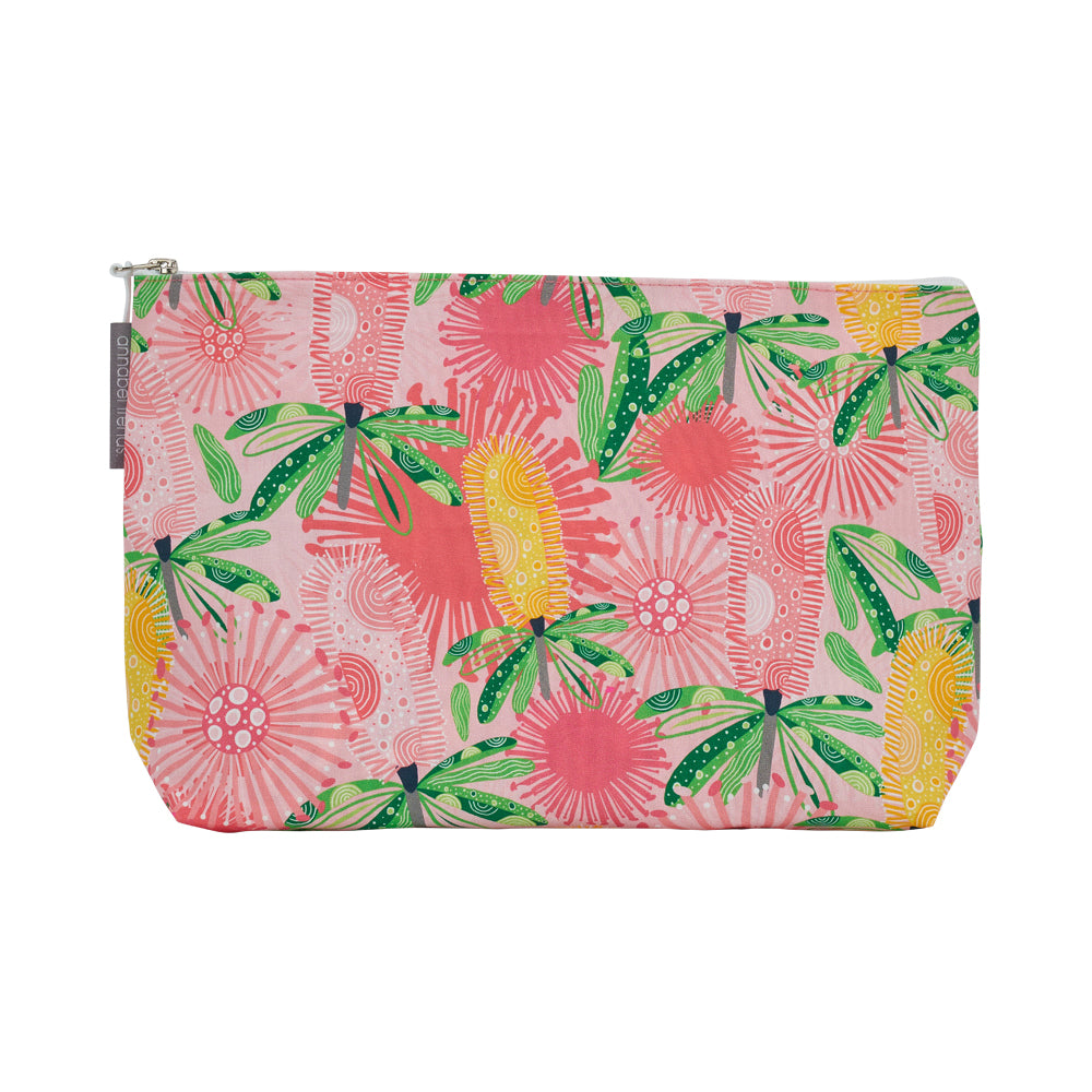 large cosmetic bag - pink banksia - made from cotton