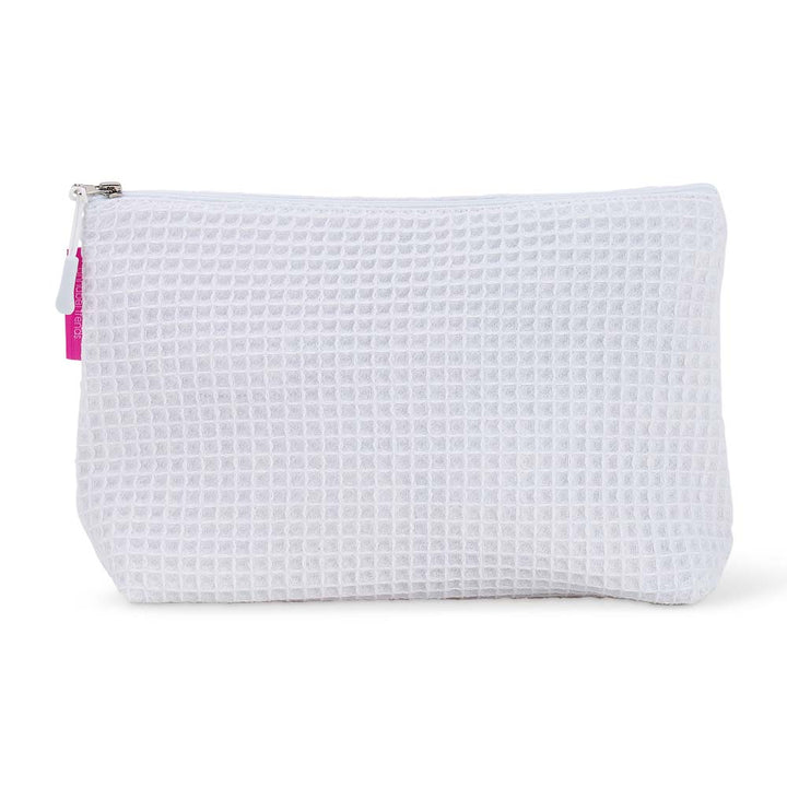 White waffle-textured cosmetic bag with a white zipper on a white background