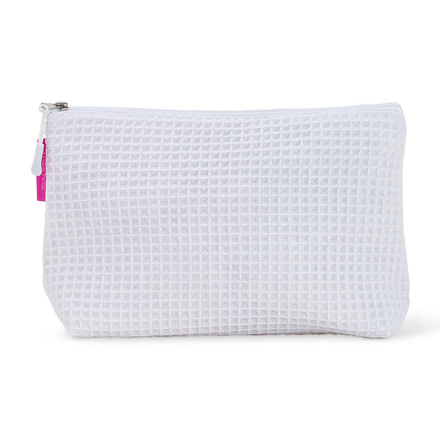 White waffle-textured cosmetic bag with a white zipper on a white background