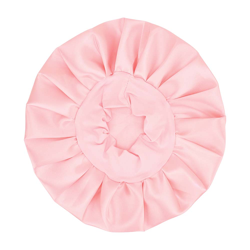 Pink satin sleep bonnet on a white background