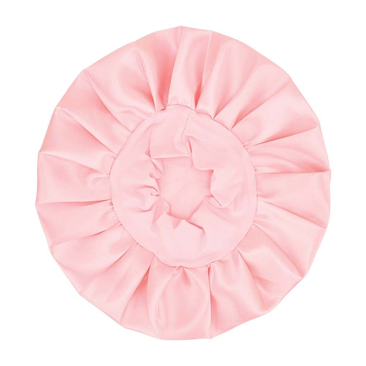 Pink satin sleep bonnet on a white background