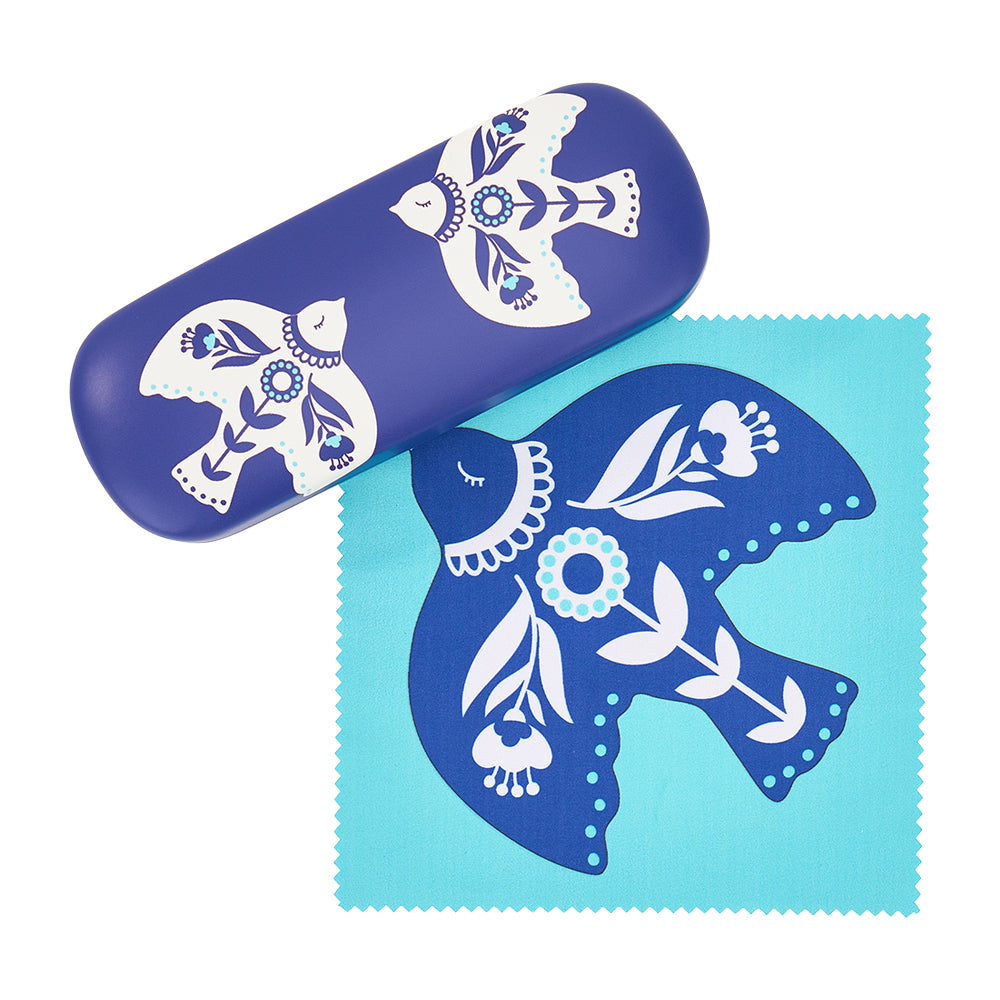 Blue glasses case and cloth with floral and bird design and matching blue cleaning cloth on a white background