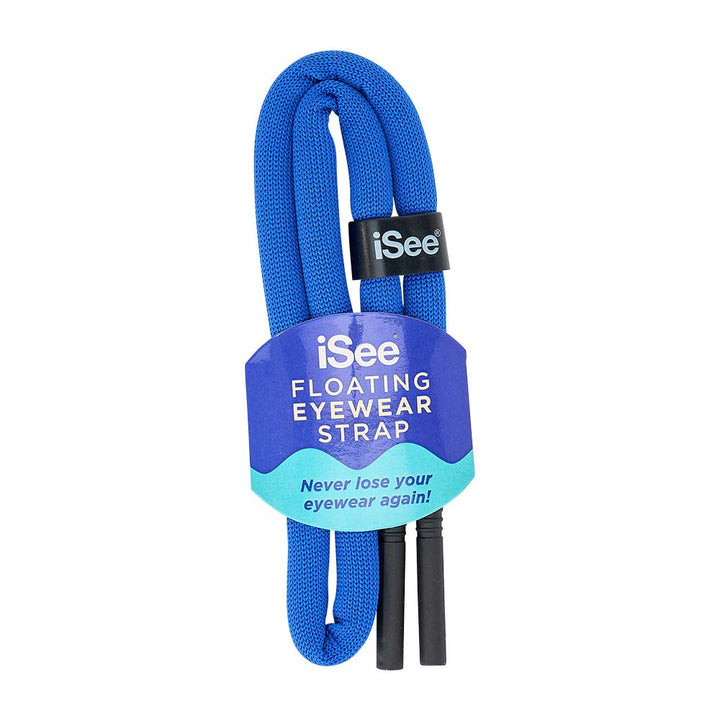 Blue eyewear strap with iSee branding on a white background