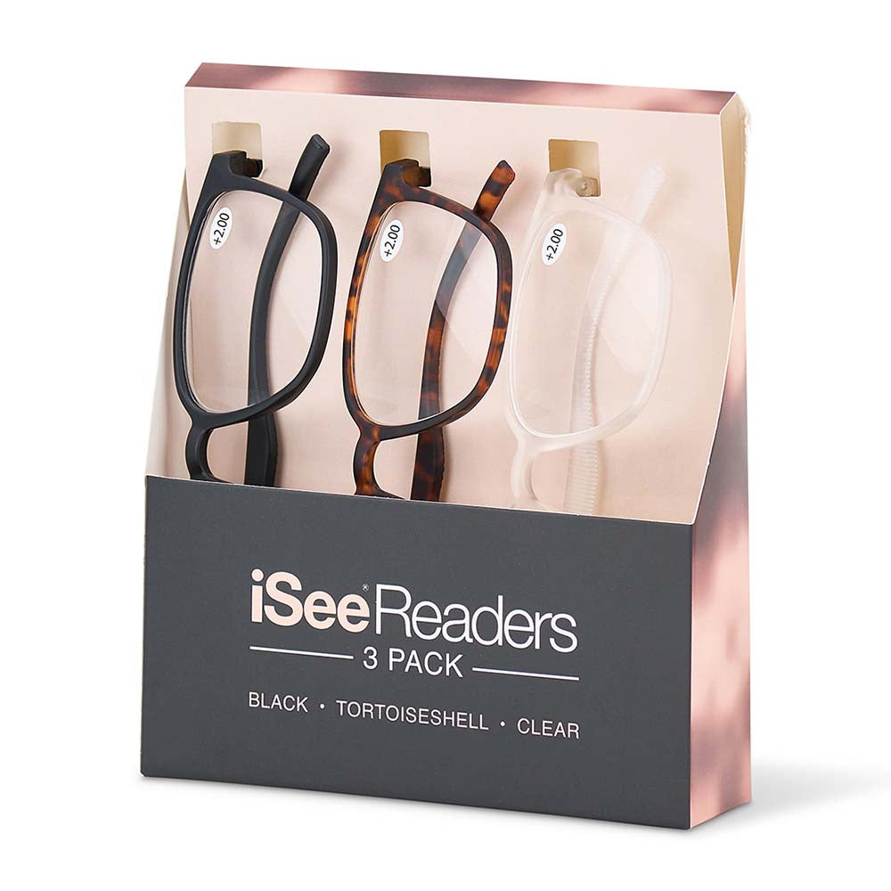 Packaging of iSee Readers 3-pack with black, tortoiseshell, and clear reading glasses.