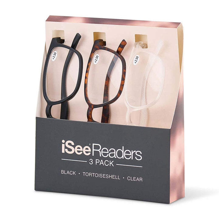 Packaging of iSee Readers eyeglasses with three pairs in black, tortoiseshell, and clear on a white background.