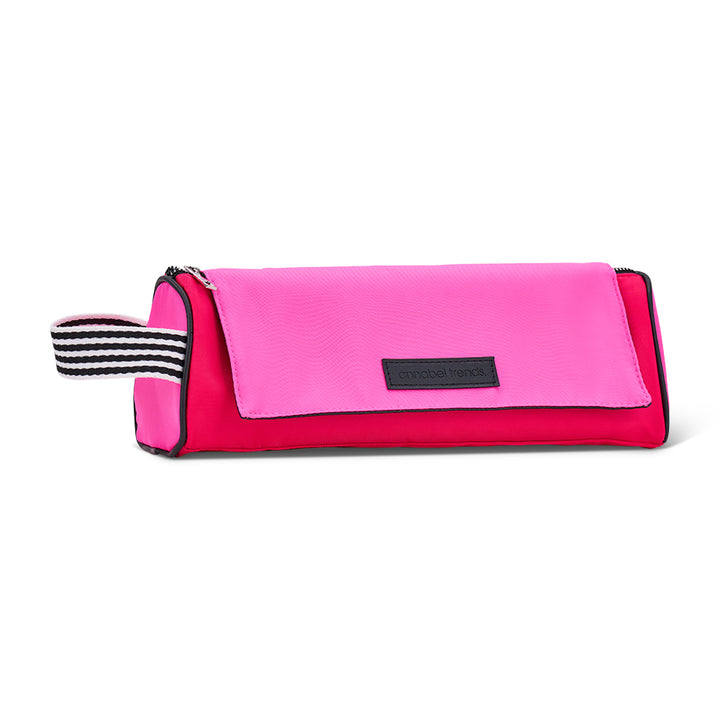 Pink AT Hype Hair Tool bag with heat mat and black and white stripe handle