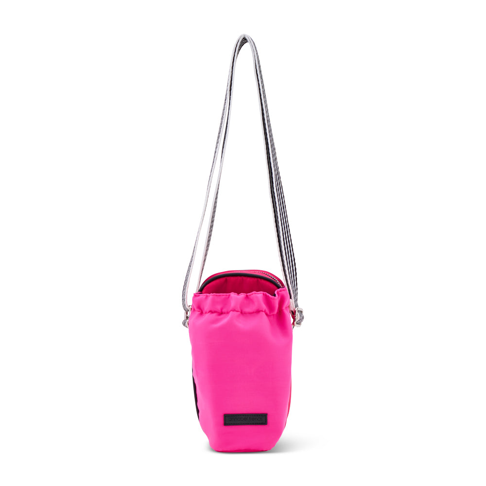 Pink AT Hype Water Phone Bottle bag with a striped strap on a white background