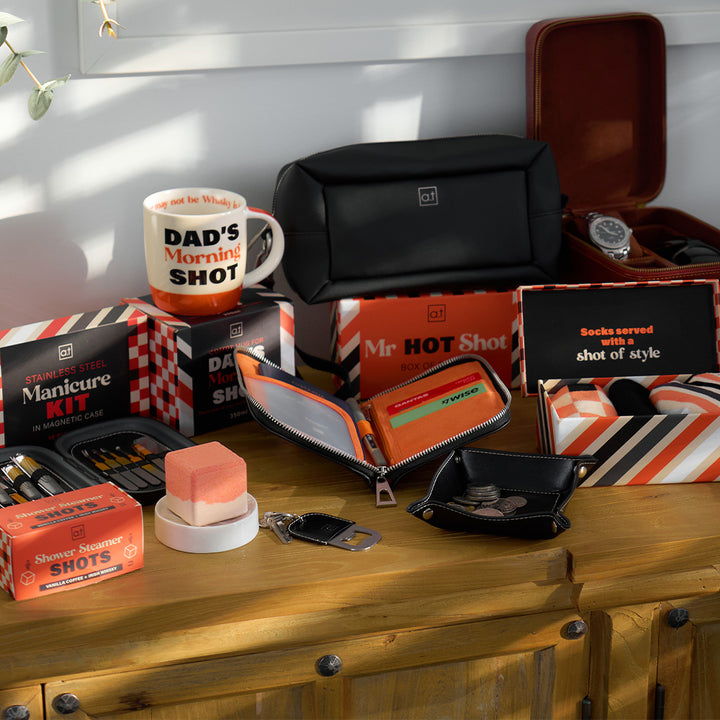 Annabel Trends AT Mens Range - Manicure set, dads morning shot, travel wallet, boxed socks, manicure set, toiletry bag