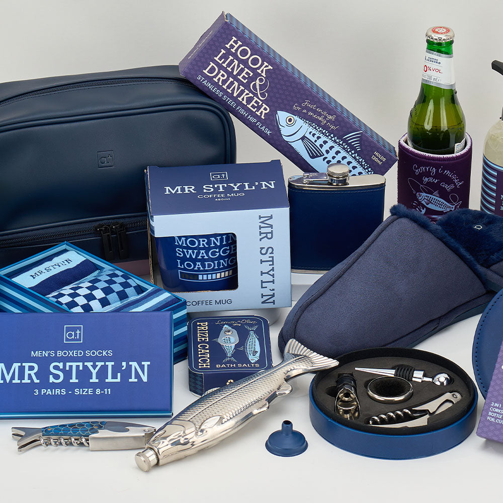 Collection of men's grooming and lifestyle products on a white background