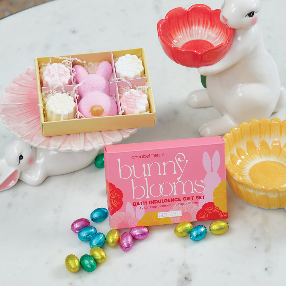 Annabel Trends Easter Bunny Blooms Indulgence gift set and bunny ceramaic bowl