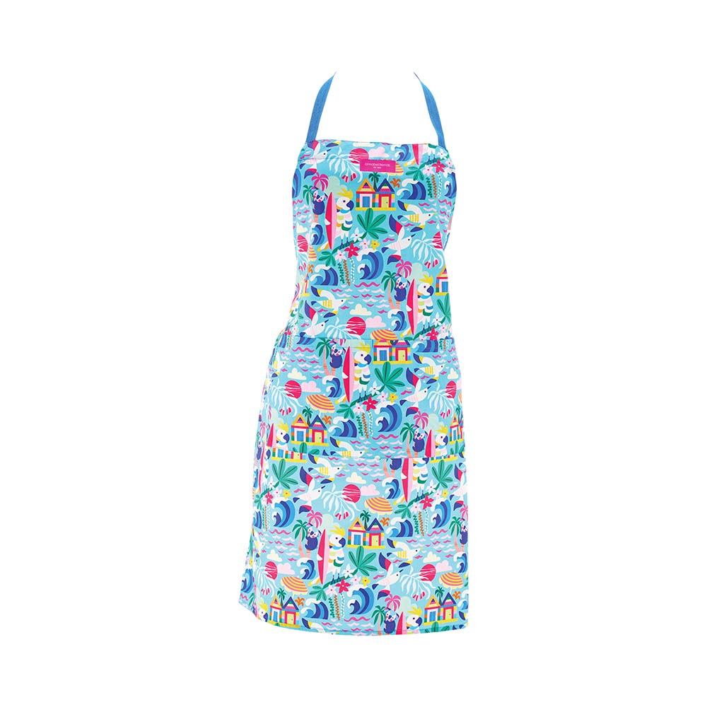 Colorful apron with a beach-themed design on a white background