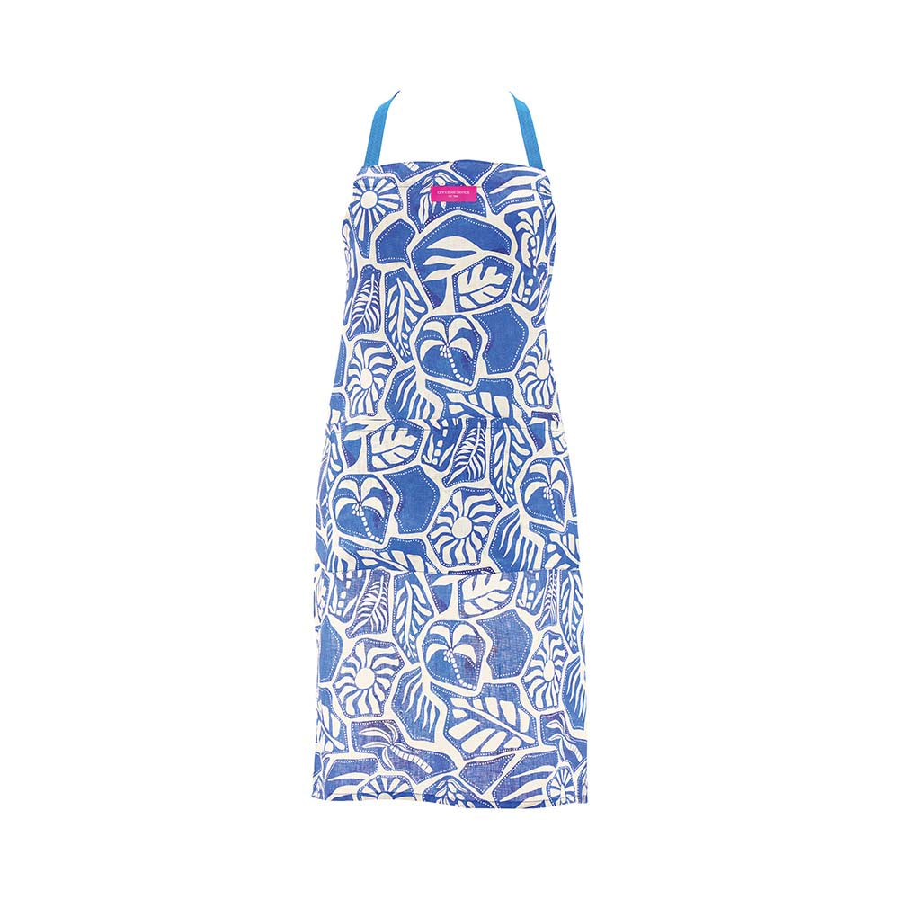 Blue and white patterned apron on a white background