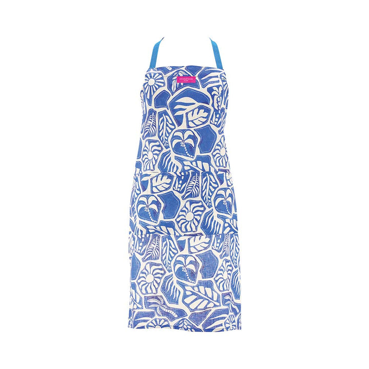 Blue and white patterned apron on a white background