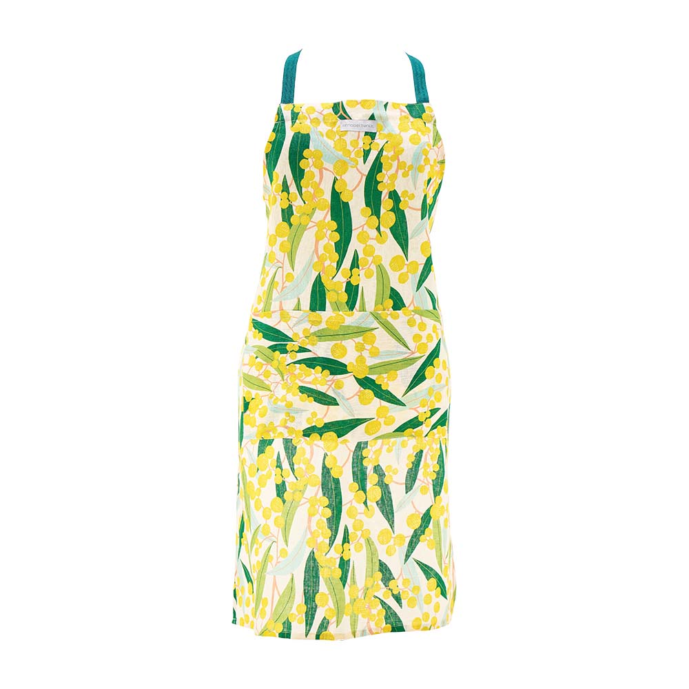Floral apron with yellow flowers and green leaves on a white background
