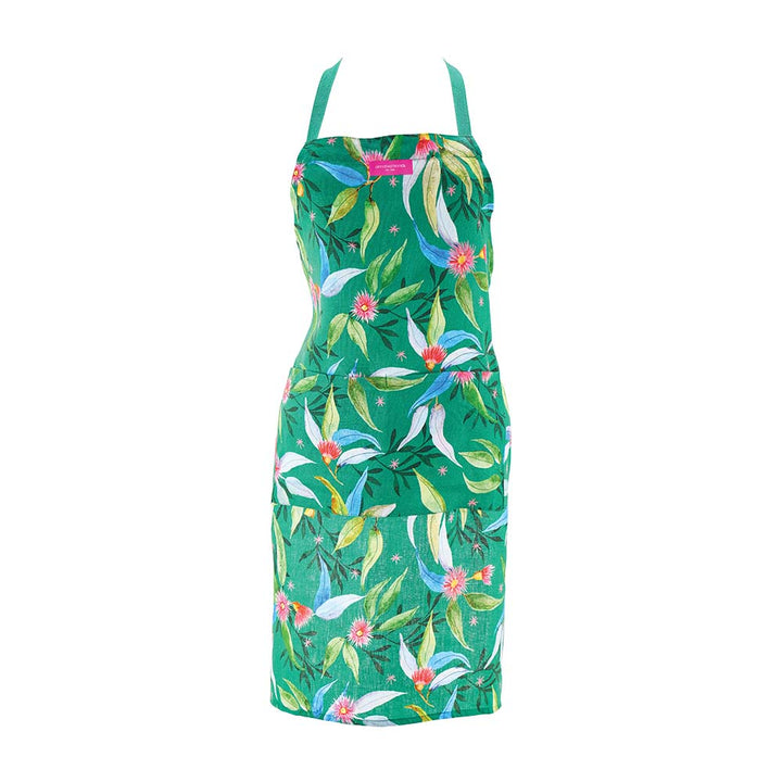 Green apron with floral pattern on a white background