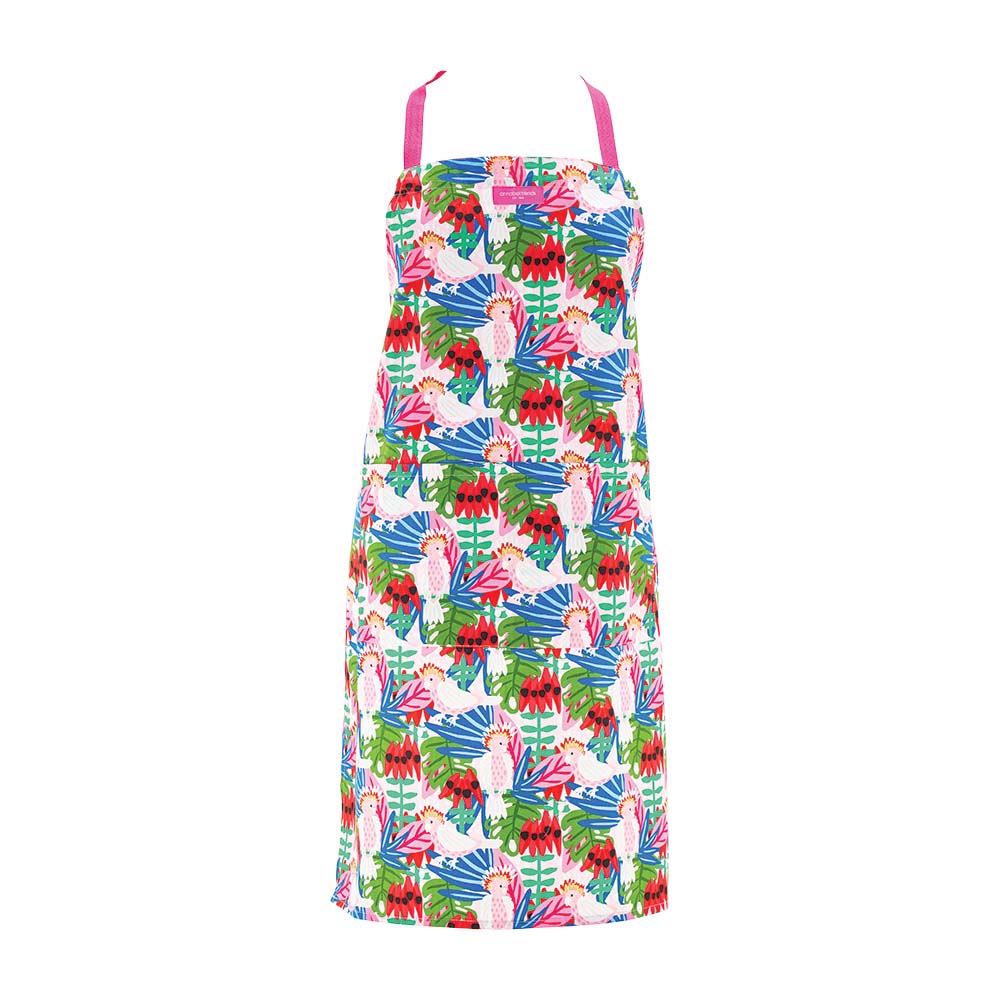 Colorful apron with floral and bird pattern on a white background