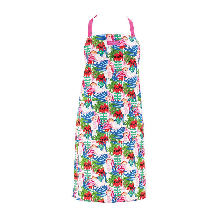 Colorful apron with floral and bird pattern on a white background