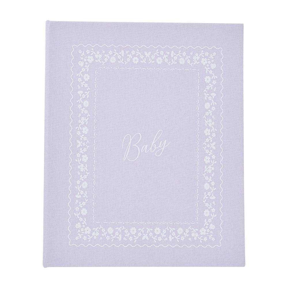 Lavender journal with floral border and 'Baby' text on a white background