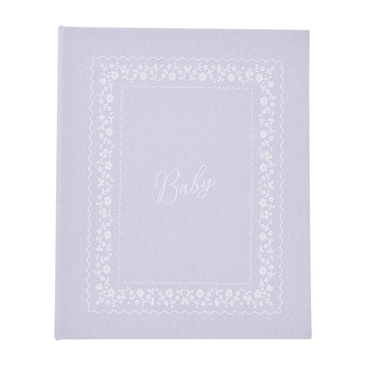 Lavender journal with floral border and 'Baby' text on a white background