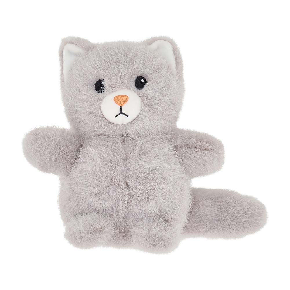 Plush toy cat with a white face and orange nose on a white background