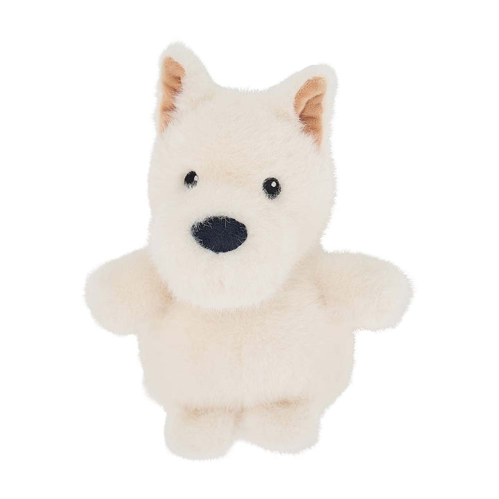 Plush toy resembling a dog with a white face and brown ears on a white background