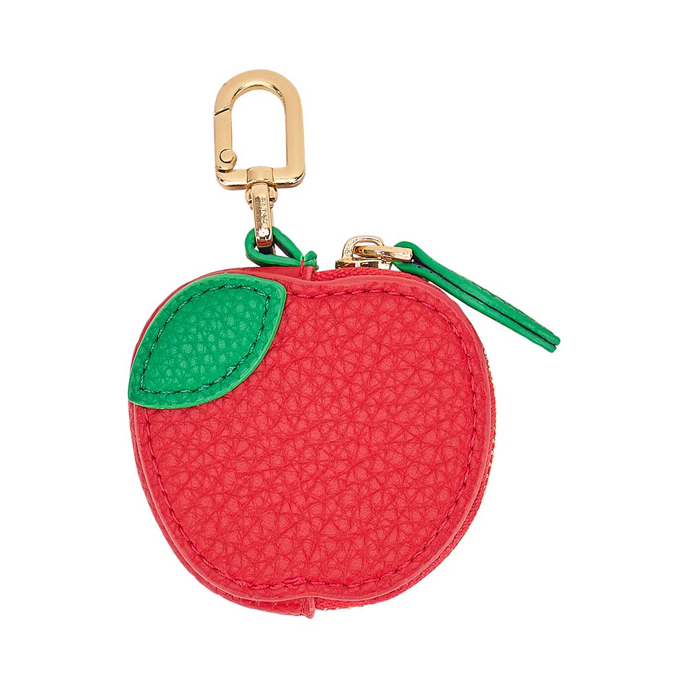 Red apple-shaped keychain pouch with a green leaf on a white background
