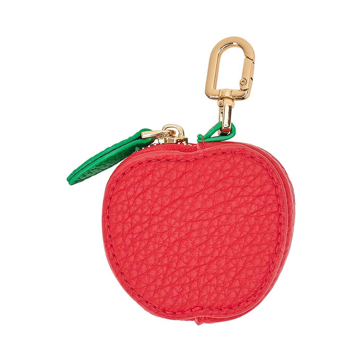 Red apple-shaped keychain pouch with green stem on a white background